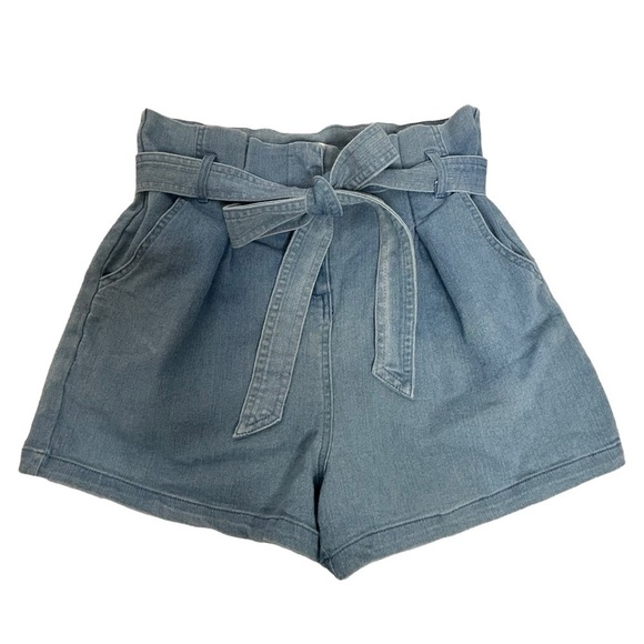 Mele & Pere Paper Bag Waist Tie Denim Shorts - Picture 1 of 14